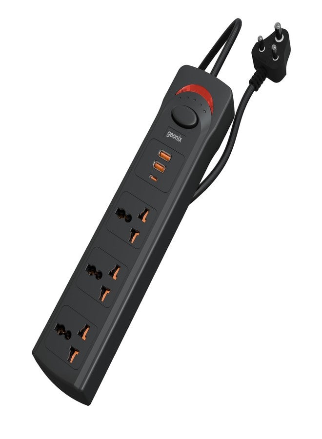 Geonix PowerSpan U3 | Extension Board/Strip, 1500 Watts, 6 Amps, 1x Type C Port, 3X Universal Socket, 2X USB Port, LED Indicator, On/Off Switch, Wall Mountable, 3mtr Long Pure Copper Cable (Black) - Image 1