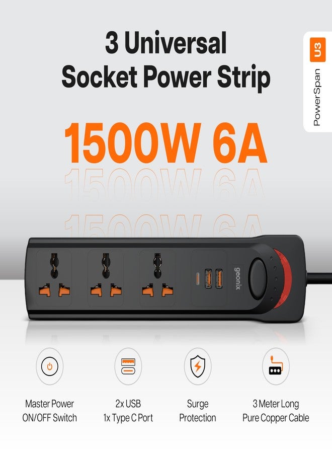 Geonix PowerSpan U3 | Extension Board/Strip, 1500 Watts, 6 Amps, 1x Type C Port, 3X Universal Socket, 2X USB Port, LED Indicator, On/Off Switch, Wall Mountable, 3mtr Long Pure Copper Cable (Black) - Image 2