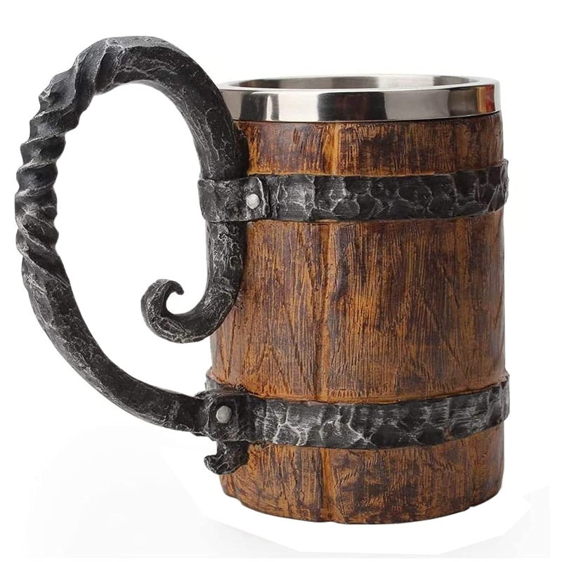 VORAGA Kndatle Handmade Wooden Barrel Beer Mug Bucket Shaped Drinkware with Handle Stainless Steel Double Wall Cocktail Mug for Bar Restaurant Vintage Bar Accessories 18 oz 
