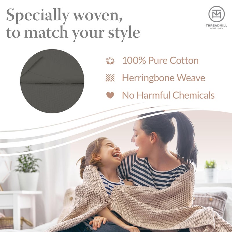 Threadmill Luxury Cotton Blankets for King Size Bed | All-Season Cozy 100% Cotton King Size Blanket | Herringbone Soft Fall Thermal Blanket fits California King Size Bed | Dark Grey - Image 3