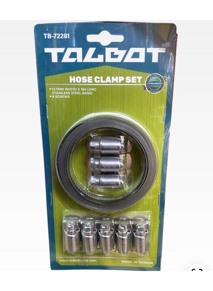 Talbots Stainless Steel Hose Clamp Set – 3M Adjustable Band + 8 Fasteners – Heavy Duty Pipe Clamp Kit - Image 1