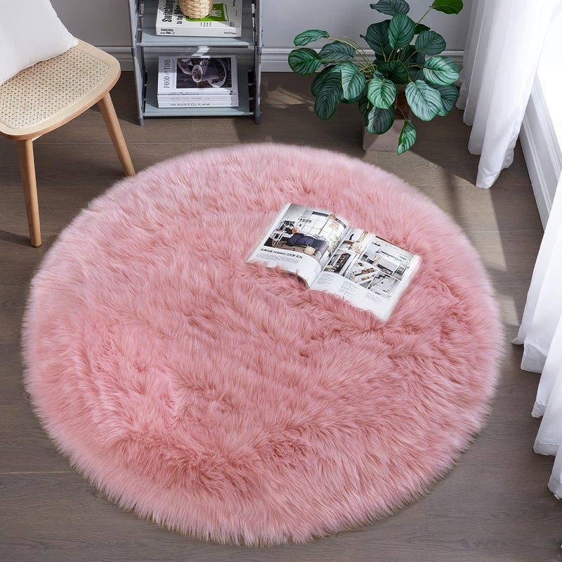 Brownmonkey Faux Sheepskin Fur Area Rugs Round Fur Throw Rug Floor Mat Circular Carpet for Bedroom Soft Circle Kids Play Mat for Nursery (Light Pink (Faux)) - Image 1