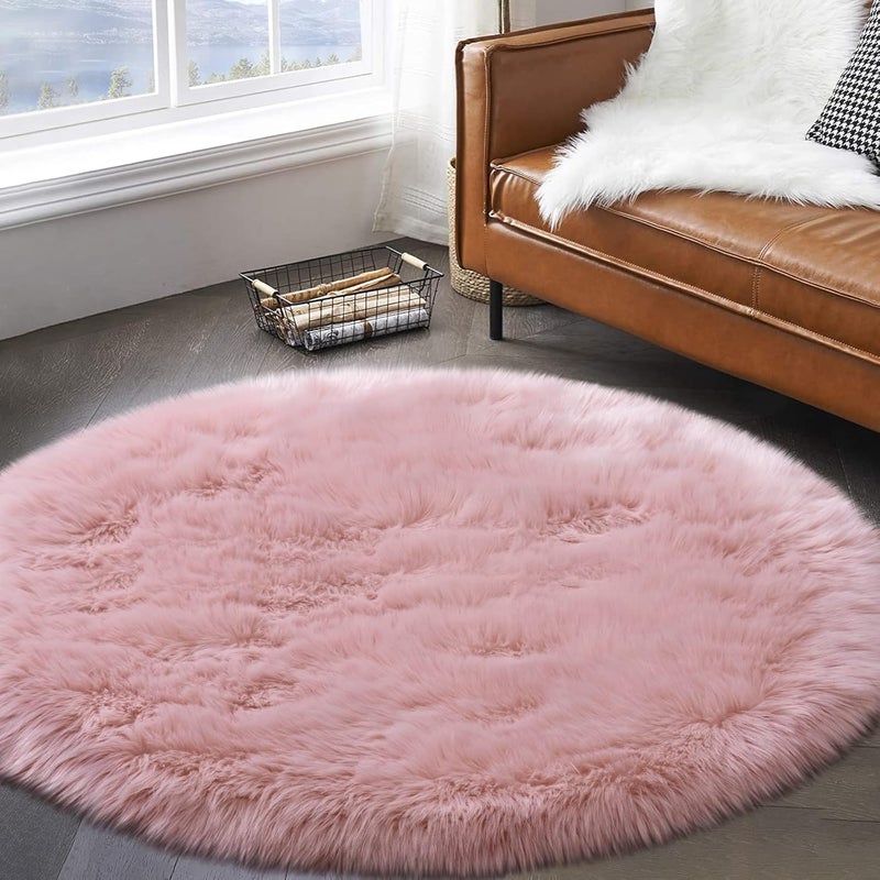 Brownmonkey Faux Sheepskin Fur Area Rugs Round Fur Throw Rug Floor Mat Circular Carpet for Bedroom Soft Circle Kids Play Mat for Nursery (Light Pink (Faux)) - Image 3