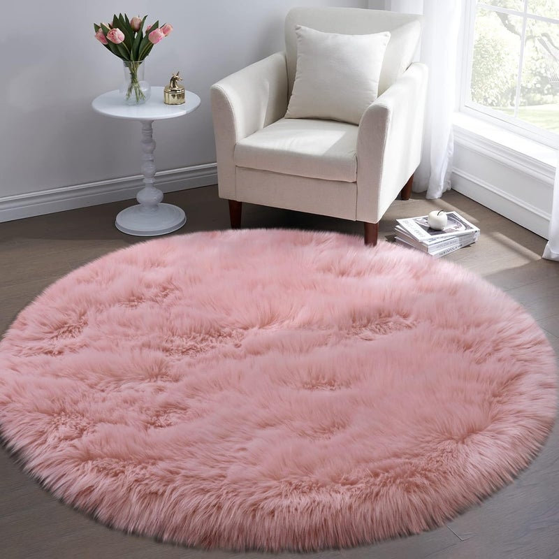 Brownmonkey Faux Sheepskin Fur Area Rugs Round Fur Throw Rug Floor Mat Circular Carpet for Bedroom Soft Circle Kids Play Mat for Nursery (Light Pink (Faux)) - Image 2