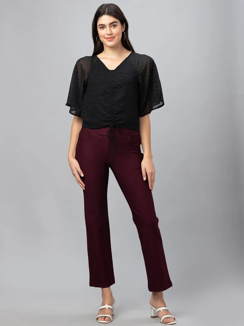جلو باص Women Wine Solid Regular Fit Tregging