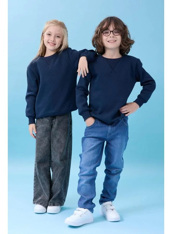 Perendi Unisex Basic Bike Collar Sherpa Winter Sweatshirt - Navy.