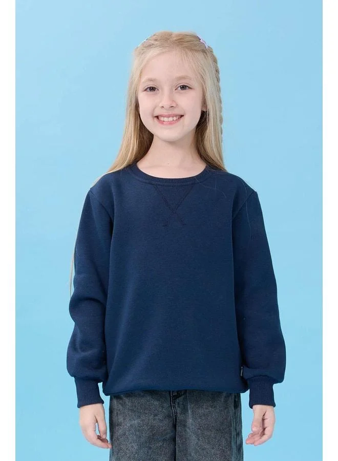 Perendi Unisex Basic Bike Collar Sherpa Winter Sweatshirt - Navy.