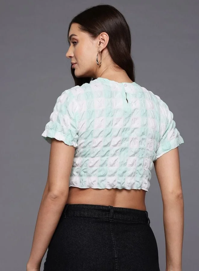 Freehand  Women Regular Fit Textured Round Neck Short Sleeve Asymmetric Top  | Best Price UAE