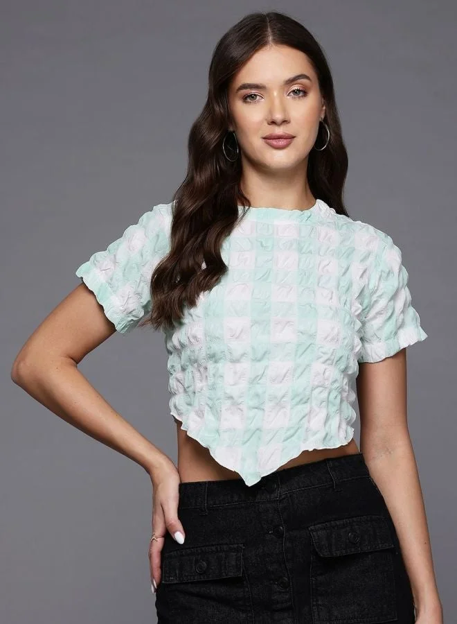 Freehand  Women Regular Fit Textured Round Neck Short Sleeve Asymmetric Top  | Best Price UAE
