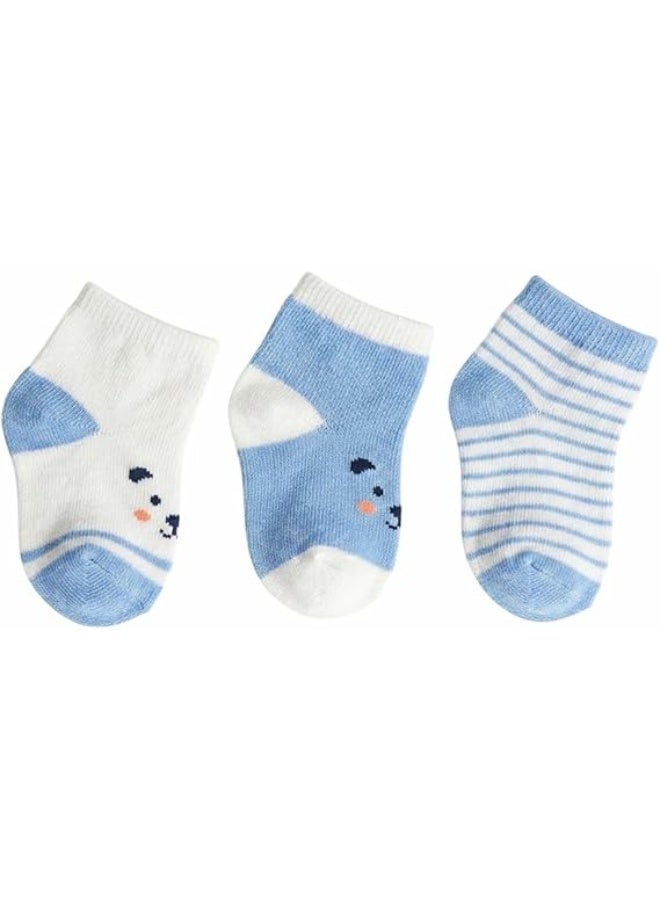 Cotton socks for babies, 3 packs, blue and white, with a fun animal print and stripes - Image 2