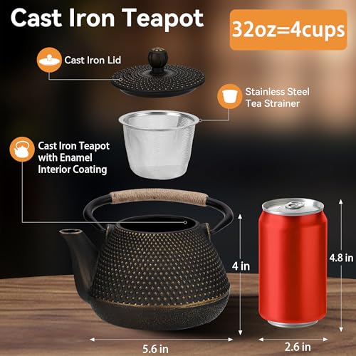 DRNKNSTX Cast Iron Teapot, 32 oz (950 ml) Japanese Tetsubin Tea Pot with Infuser for Stovetop Safe, Tea Kettle with Enameled Interior for Loose Leaf Tea and Tea Bags - Image 3