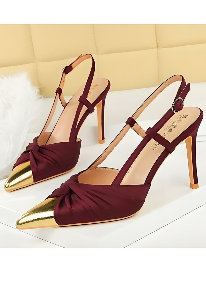 بيج تري المرأة مغلقة أشارت إصبع القدم مضخات الساتين كعب عالي مع قفل حزام ساندال النبيذ الأحمر 9CM - Image 1