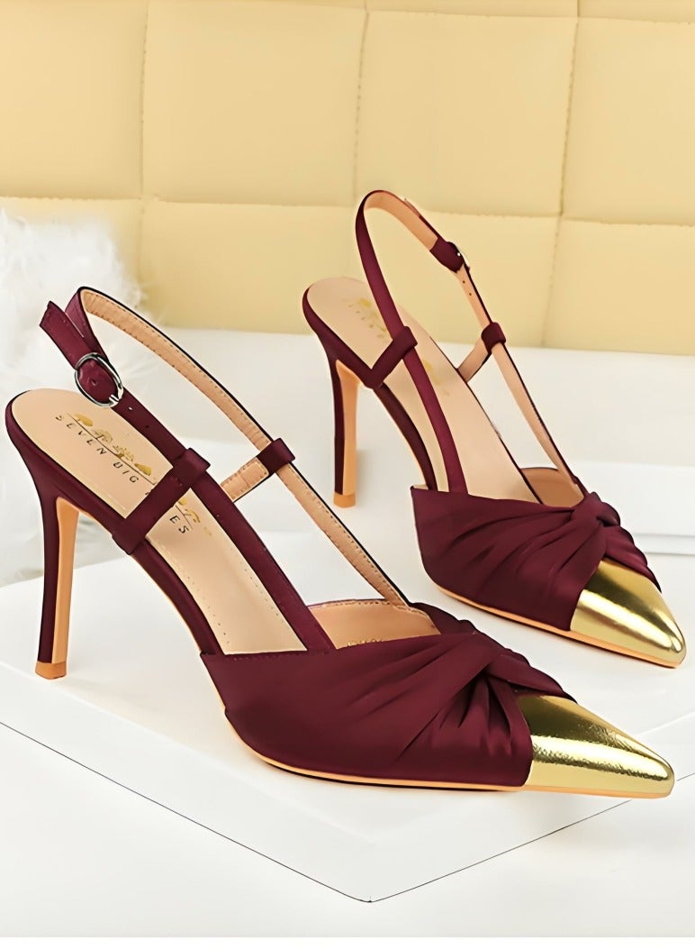 بيج تري المرأة مغلقة أشارت إصبع القدم مضخات الساتين كعب عالي مع قفل حزام ساندال النبيذ الأحمر 9CM - Image 2