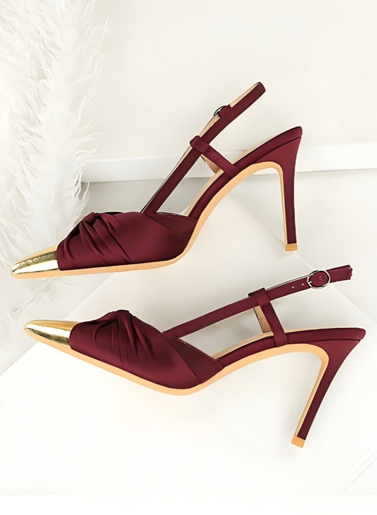 بيج تري المرأة مغلقة أشارت إصبع القدم مضخات الساتين كعب عالي مع قفل حزام ساندال النبيذ الأحمر 9CM - Image 3