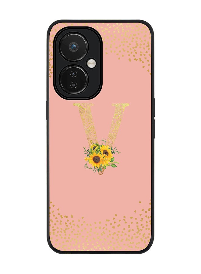 Stylizedd Rugged Black edge case for Nord CE 3 Lite Slim fit Soft Case Flexible Rubber Edges Anti Drop TPU Gel Thin Cover - Custom Monogram Initial Floral Pattern Alphabet - V - Rose Pink - Image 1