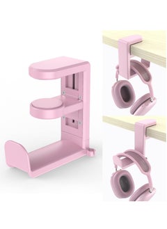 Bukela Gaming Headset Headphone Hook Holder Hanger Mount,Headphones Stand with Adjustable and Rotating Arm Clamp,Under Desk Design,Universal Fit,Built in Cable Clip Organizer , Pink  - Image 1