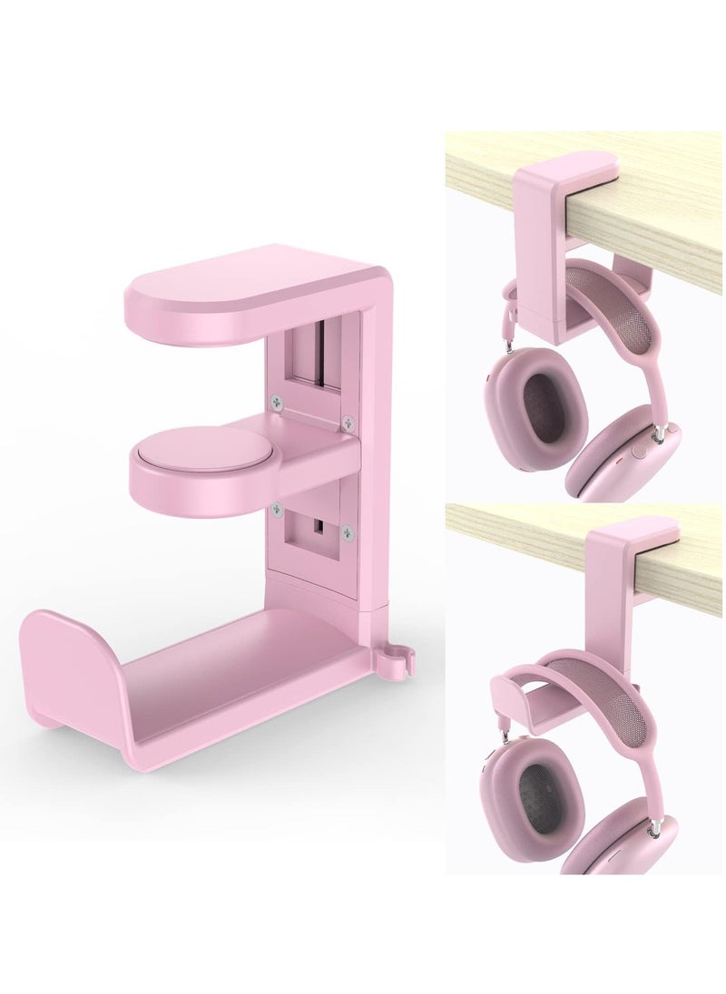 Bukela Gaming Headset Headphone Hook Holder Hanger Mount,Headphones Stand with Adjustable and Rotating Arm Clamp,Under Desk Design,Universal Fit,Built in Cable Clip Organizer , Pink  - Image 1