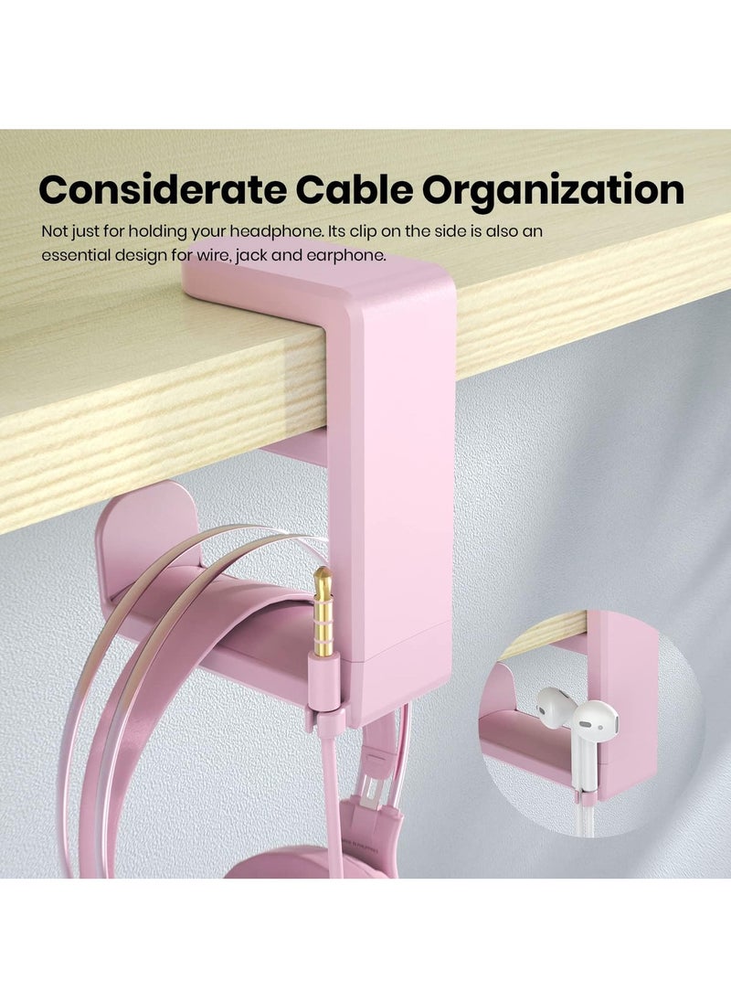 Bukela Gaming Headset Headphone Hook Holder Hanger Mount,Headphones Stand with Adjustable and Rotating Arm Clamp,Under Desk Design,Universal Fit,Built in Cable Clip Organizer , Pink  - Image 5