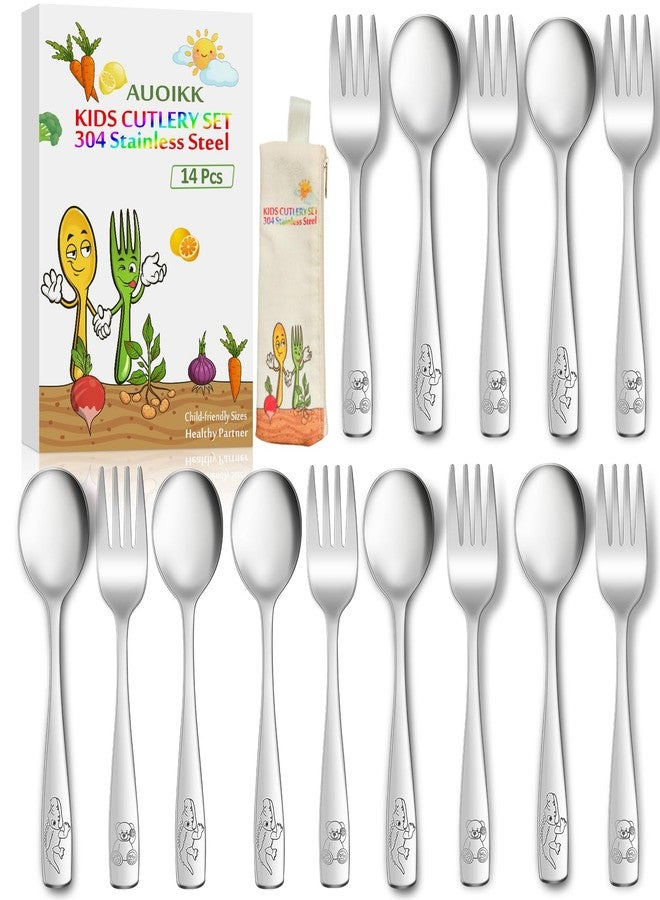 AUOIKK 14-Piece Toddler Flatware, Kids Utensils Stainless Steel Cutlery Set, Children Safe Spoons and Forks with Ergonomic Handle, Easy to use and Dishwasher Safe (Crocodile and Bear) - Image 1