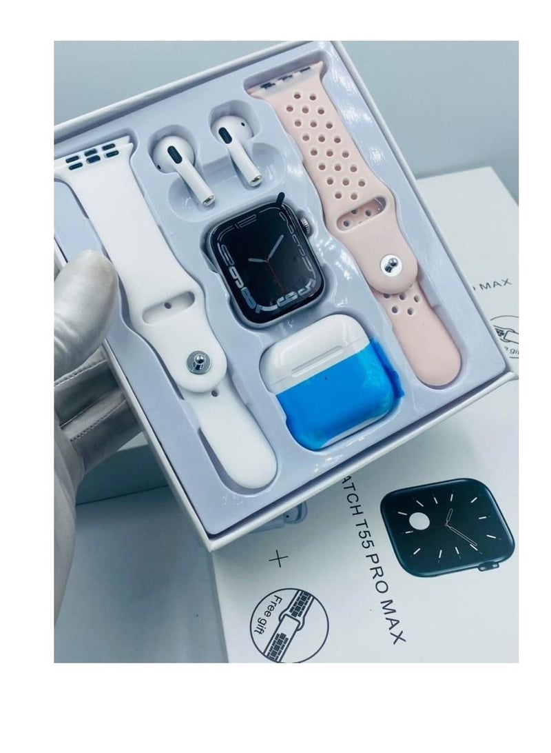 Smart Watch T55 Pro Max Combo - Watch + BT Earbuds + Dual Straps changeable Calls Health Tracker All Notifications for Android / IOS - Color Black