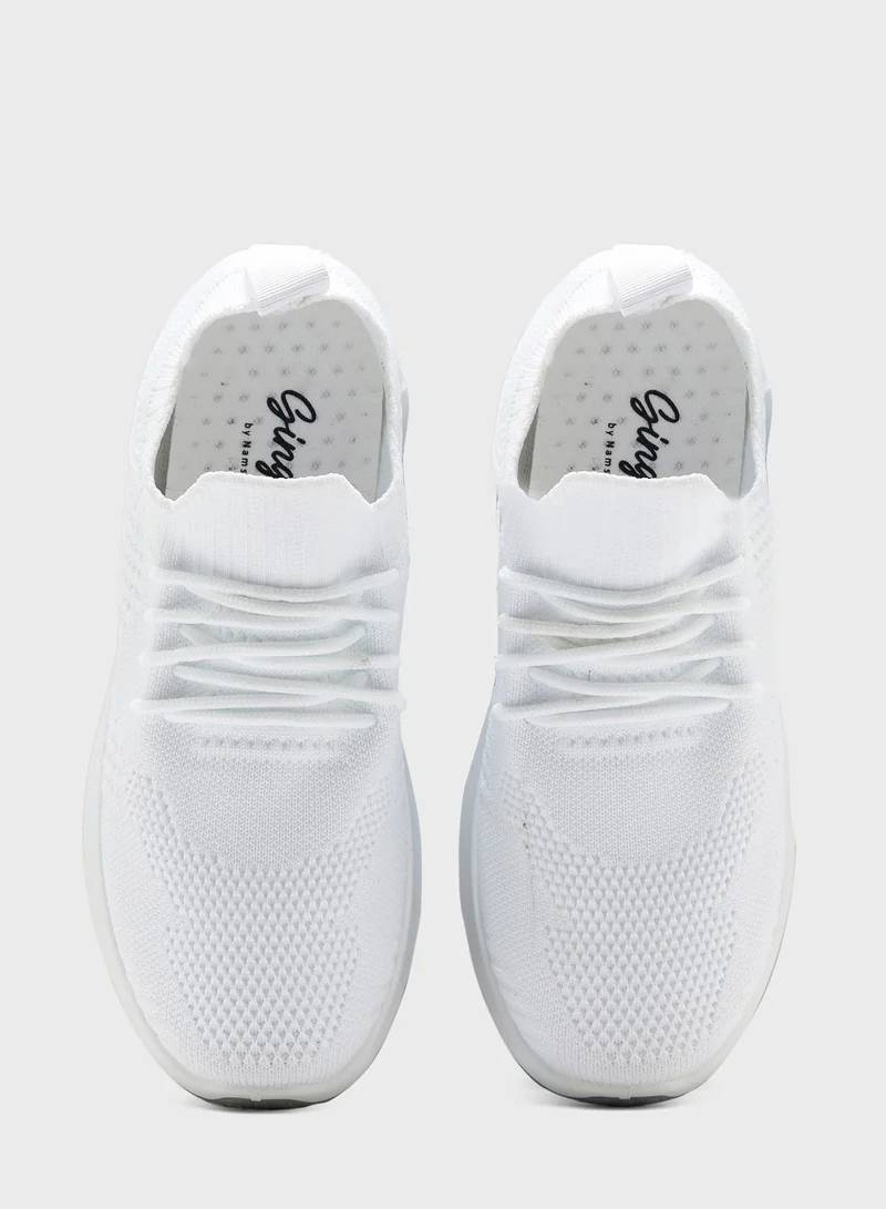 Ginger Coloured Sole Lace Up Knit Sneaker