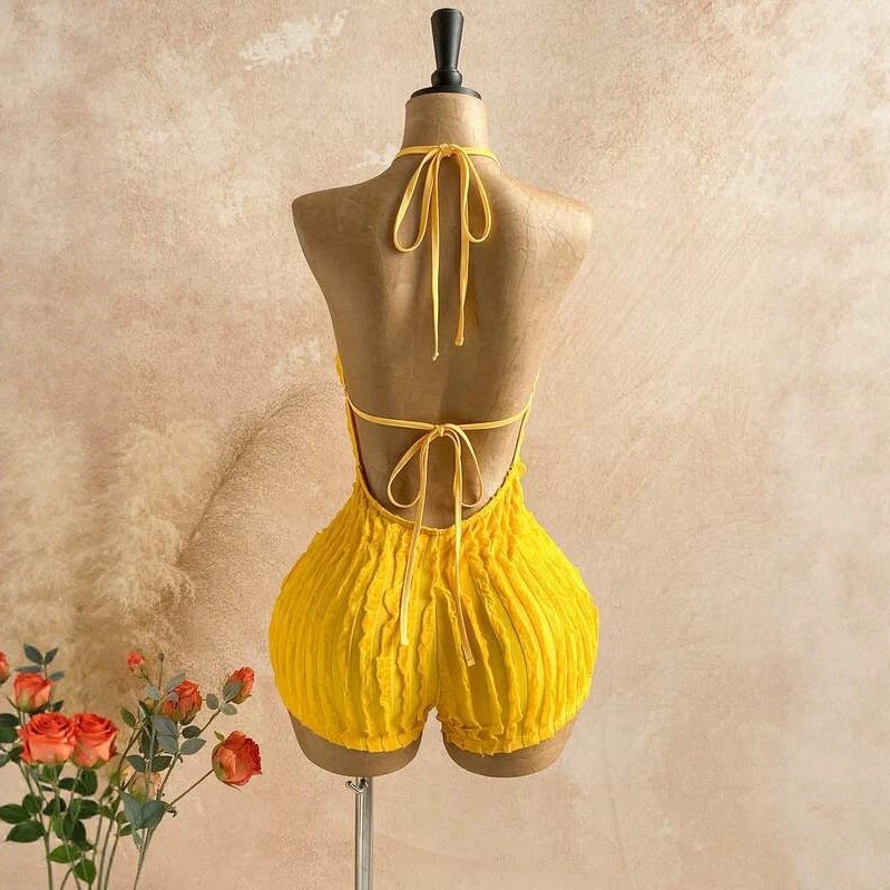 Women's Textured One Piece Swimsuit Deep V Halter Neck - Image 3