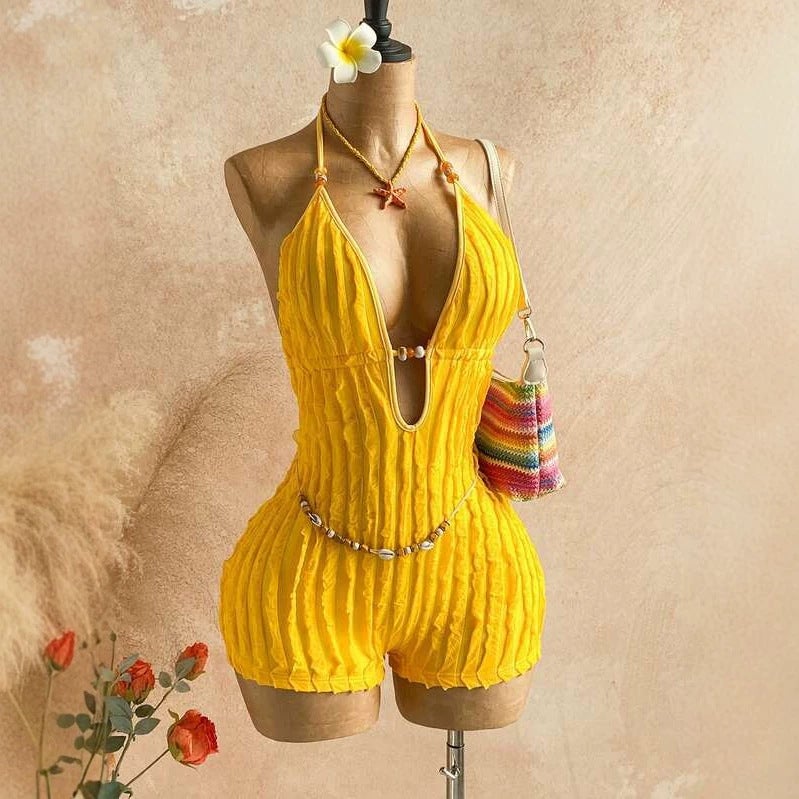 Women's Textured One Piece Swimsuit Deep V Halter Neck - Image 1