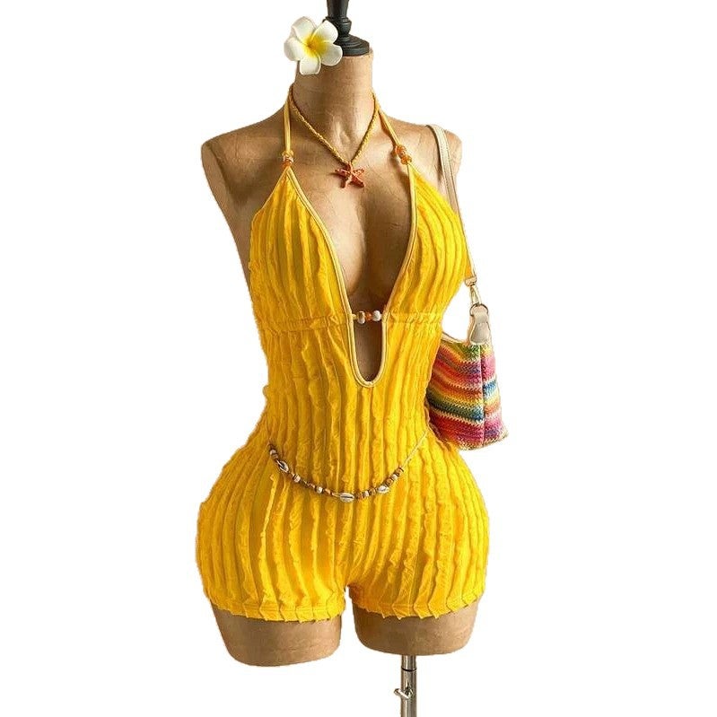 Women's Textured One Piece Swimsuit Deep V Halter Neck - Image 5