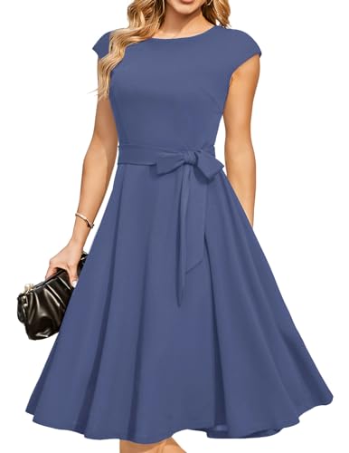 DRESSTELLS Cocktail Dresses, Formal Wedding Guest Bridesmaid Dresses for Women 2024, Modest Aline Fit Flare Vintage Holiday Party Dress Greyblue S - Image 1