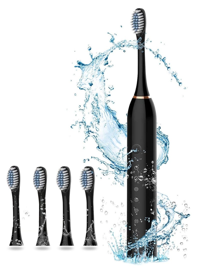 Generic Electric Toothbrush USB Rechargeable Uultrasonic Toothbrush Dental Cleaning Kit with 4 Brush Heads 6 Cleaning Modes Black  - Image 1