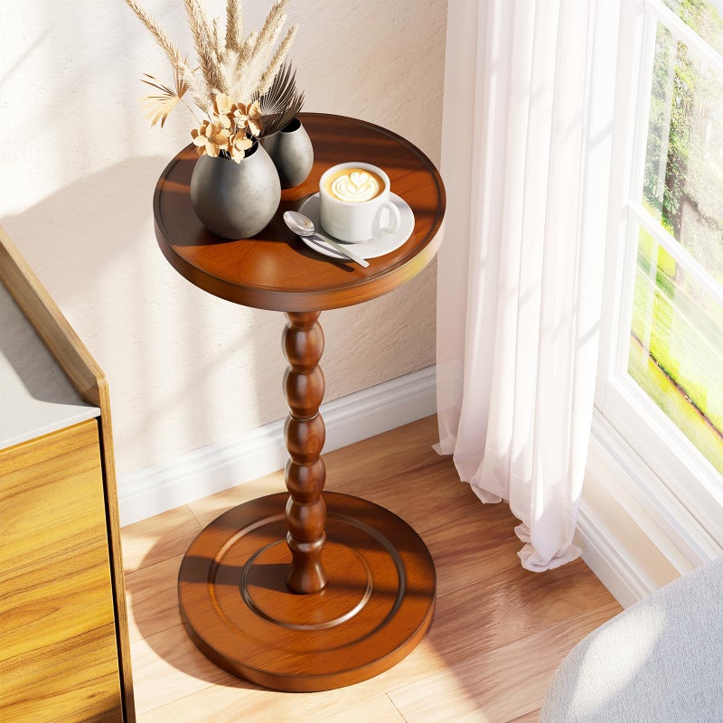 Simple Trending Small Side Table, Round Drink Table for Small Spaces, Pedestal Coffee Table for Living Room, Rustic Brown - Image 3