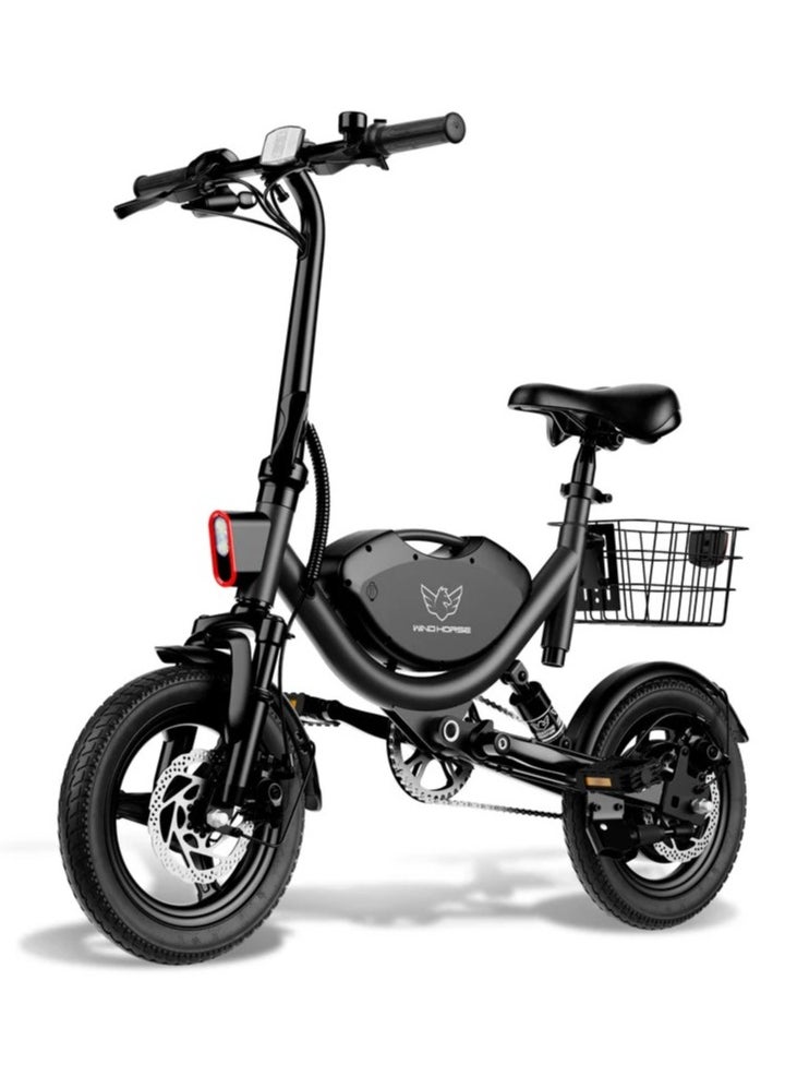 Wind Horse Foldable Electric Bike for Adults 500W Brushless Hub Motor, 35 KMH Max Speed, 19-35 KM Range with 36V 8AH Battery, 14 Inches Tires with Dual Suspension and Disc Brakes, Lightweight Carbon Alloy Frame, Urban Commuter E-Bike with Basket for Easy Storage and Transport  - Image 1