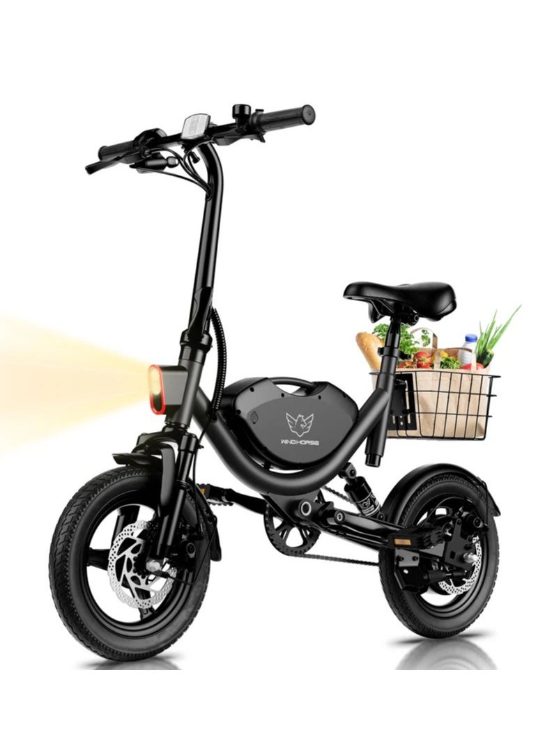 Wind Horse Foldable Electric Bike for Adults 500W Brushless Hub Motor, 35 KMH Max Speed, 19-35 KM Range with 36V 8AH Battery, 14 Inches Tires with Dual Suspension and Disc Brakes, Lightweight Carbon Alloy Frame, Urban Commuter E-Bike with Basket for Easy Storage and Transport  - Image 2