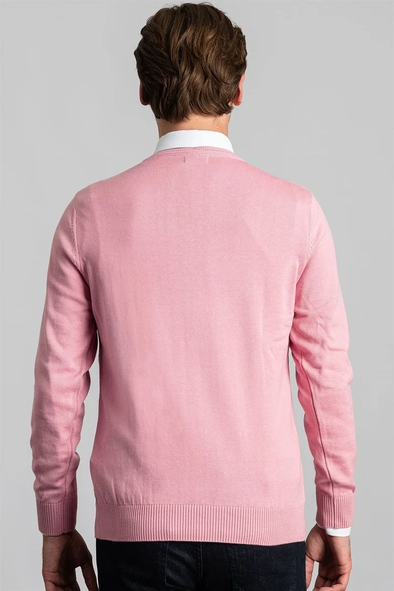 تودورس Men's Slim Fit V Neck Cotton Pink Knitted Sweater