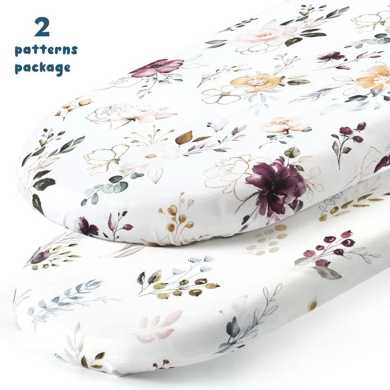 GRSSDER Stretchy Ultra Soft Fitted Bassinet Sheet Set 2 Pack, Bassinet Sheets Fit for Cradle Moses Basket Oval Rectangle Mattresses, Snug and Safe for Baby, Stylish Watercolor Flora - Image 2