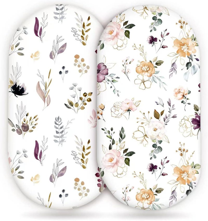 GRSSDER Stretchy Ultra Soft Fitted Bassinet Sheet Set 2 Pack, Bassinet Sheets Fit for Cradle Moses Basket Oval Rectangle Mattresses, Snug and Safe for Baby, Stylish Watercolor Flora - Image 1