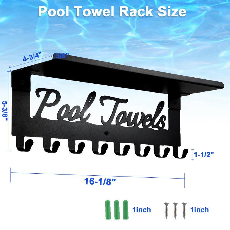 Topspeeder Pool Towel Racks with Shelf 8 Hooks for Pool Bathroom Wall Mount Towel Hooks Towel Holder Carbon Steel Hanger Organizer Pool Accessories Outdoor for Robe,Towel,Coat,Swimsuit,Bag,Keys - Image 2