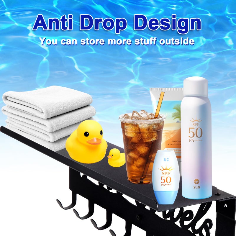 Topspeeder Pool Towel Racks with Shelf 8 Hooks for Pool Bathroom Wall Mount Towel Hooks Towel Holder Carbon Steel Hanger Organizer Pool Accessories Outdoor for Robe,Towel,Coat,Swimsuit,Bag,Keys - Image 5
