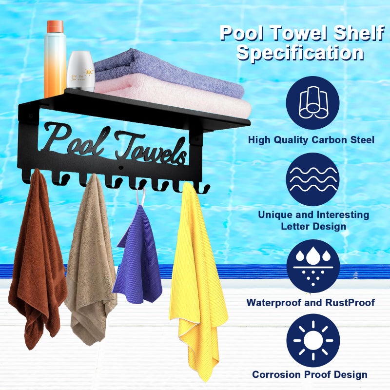Topspeeder Pool Towel Racks with Shelf 8 Hooks for Pool Bathroom Wall Mount Towel Hooks Towel Holder Carbon Steel Hanger Organizer Pool Accessories Outdoor for Robe,Towel,Coat,Swimsuit,Bag,Keys - Image 4