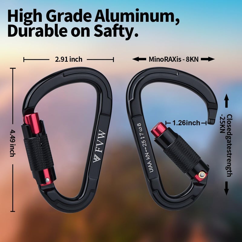 FVW Auto Locking Rock Climbing Carabiner Clips, UIAA Certified Professional 25KN (5620 lbs) Heavy Duty Caribeaners for Rappelling Swing Rescue & Gym etc,Large Carabiners,D-Shaped - Image 2