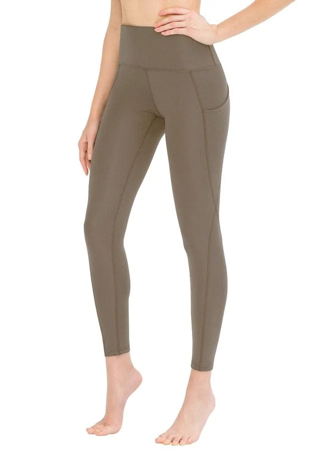 Los Ojos Women's Dark Khaki High-Waist Double-Pocket Shaping Sports Leggings.
