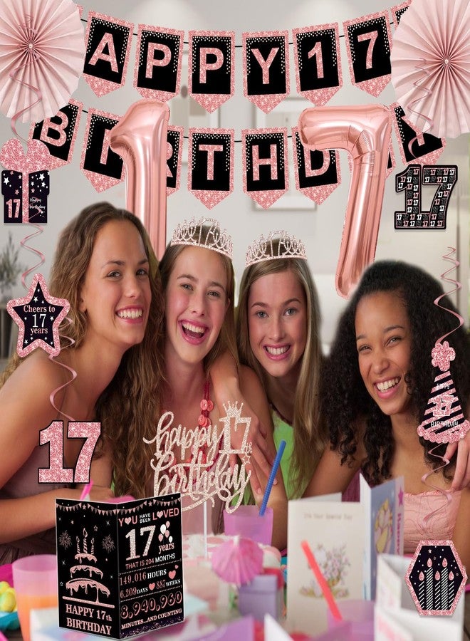 Juesly 17th Birthday Decorations for Girls,32PCS 17th Birthday Party Decorations,Including Backdrop, Crown, Sash, banner, Hanging Swirl,balloons,Cake Topper,Paper Fans and Anniversary Card - Image 4