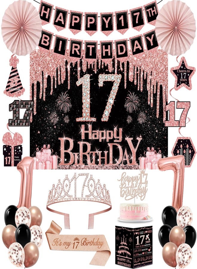 Juesly 17th Birthday Decorations for Girls,32PCS 17th Birthday Party Decorations,Including Backdrop, Crown, Sash, banner, Hanging Swirl,balloons,Cake Topper,Paper Fans and Anniversary Card - Image 1