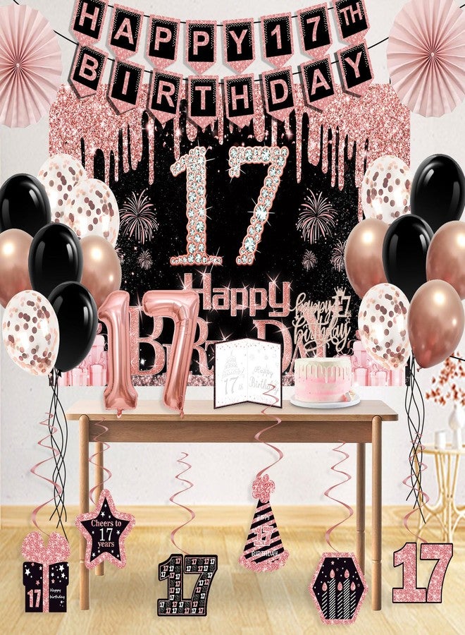 Juesly 17th Birthday Decorations for Girls,32PCS 17th Birthday Party Decorations,Including Backdrop, Crown, Sash, banner, Hanging Swirl,balloons,Cake Topper,Paper Fans and Anniversary Card - Image 3