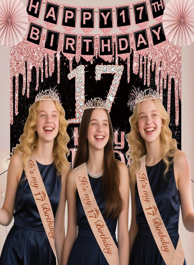 Juesly 17th Birthday Decorations for Girls,32PCS 17th Birthday Party Decorations,Including Backdrop, Crown, Sash, banner, Hanging Swirl,balloons,Cake Topper,Paper Fans and Anniversary Card - Image 5