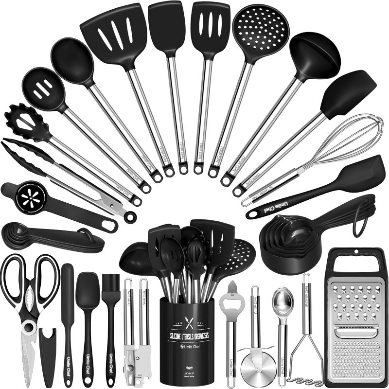 Umite Chef Kitchen Utensils Set-Umite Chef 34 Pcs Silicone Cooking Utensils Set for Nonstick Cookware-Silicone Spatulas Set, Stainless Steel Handle-Black Kitchen Gadgets Tools, Pots and Pans Accessories - Image 1