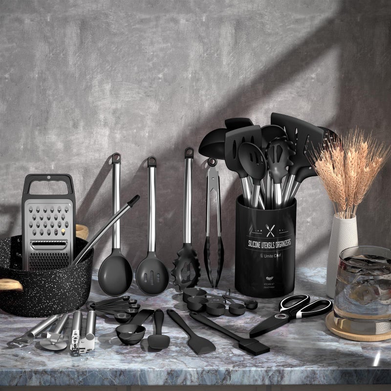 Umite Chef Kitchen Utensils Set-Umite Chef 34 Pcs Silicone Cooking Utensils Set for Nonstick Cookware-Silicone Spatulas Set, Stainless Steel Handle-Black Kitchen Gadgets Tools, Pots and Pans Accessories - Image 2