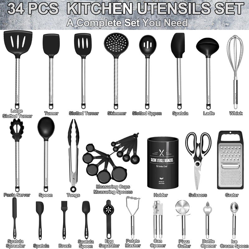 Umite Chef Kitchen Utensils Set-Umite Chef 34 Pcs Silicone Cooking Utensils Set for Nonstick Cookware-Silicone Spatulas Set, Stainless Steel Handle-Black Kitchen Gadgets Tools, Pots and Pans Accessories - Image 3