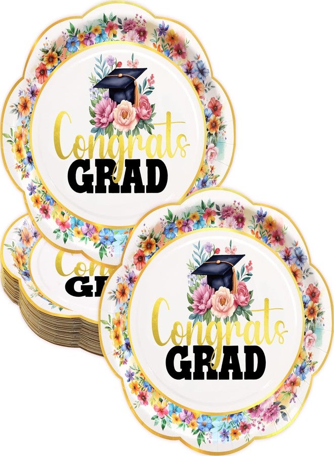 ceiba tree 30pcs Graduation Oval Paper Plates Class of 2026 Floral Gold Foiled Congrats Grad Party Dinner Plates 10"x12" Disposable Serving Dish Graduation Party Tableware - Image 1