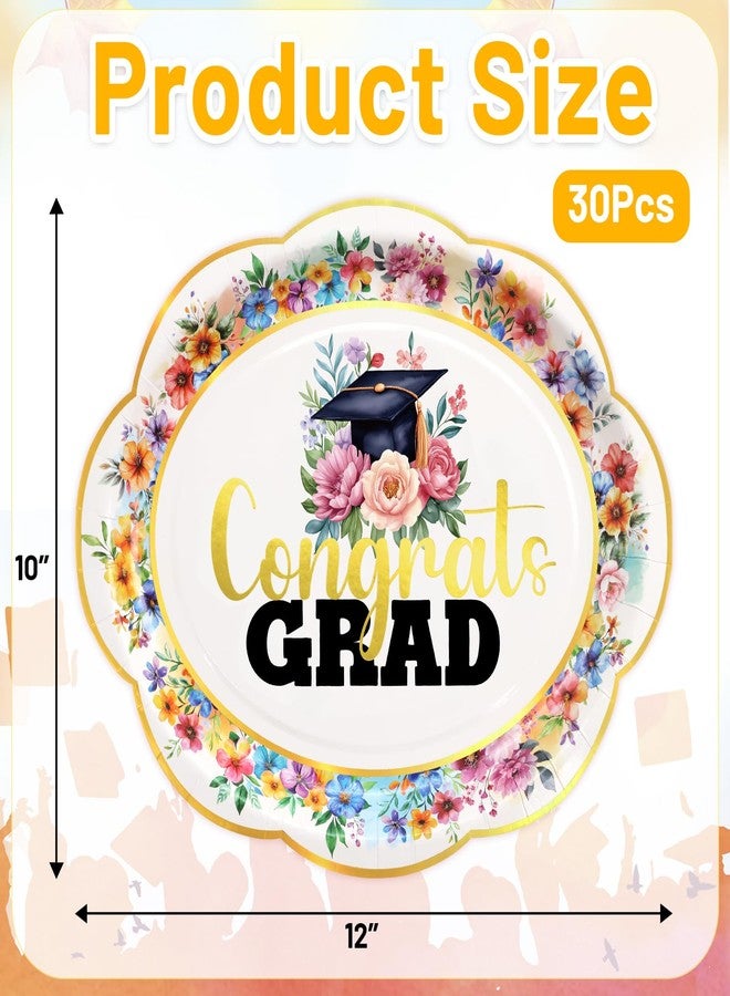 ceiba tree 30pcs Graduation Oval Paper Plates Class of 2026 Floral Gold Foiled Congrats Grad Party Dinner Plates 10"x12" Disposable Serving Dish Graduation Party Tableware - Image 3